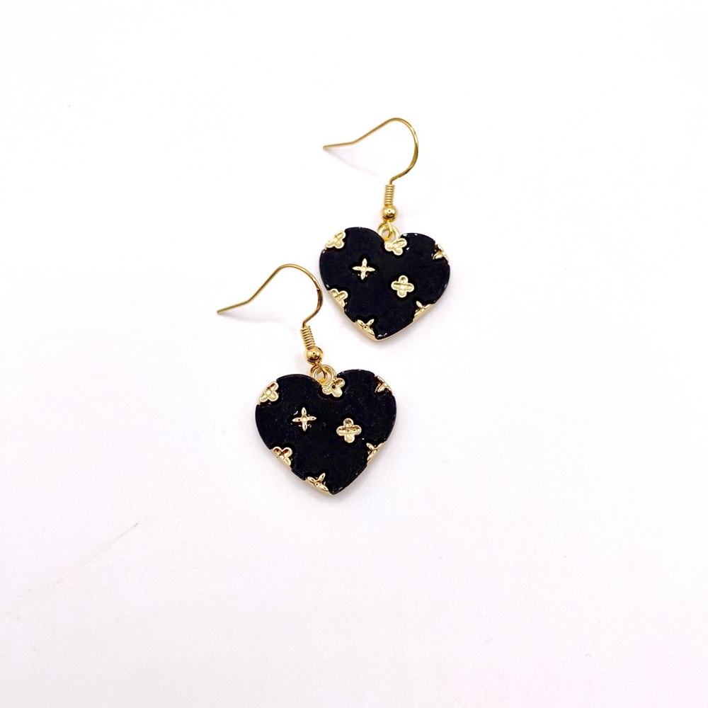Soft Touch Black Heart Earrings with Gold Clover Accents Handmade